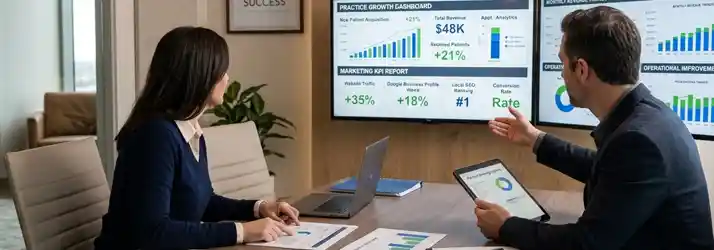 Chiropractor analyzing patient growth and business performance with a chiropractic consultant